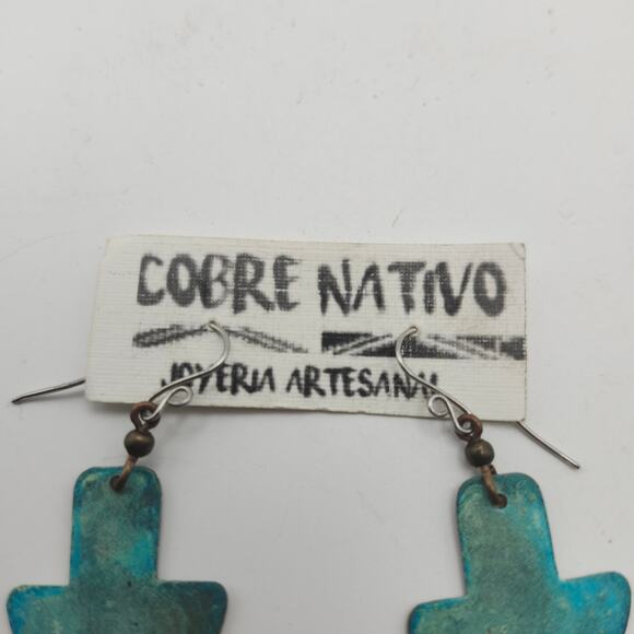 Cobre Nativo Native Copper Earrings Blue Patina Geometric Dangle Artisan Boho - Picture 5 of 8